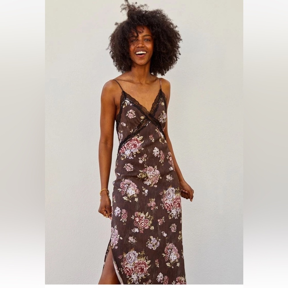 NWT Brock Collection x H&M Chocolate Brown Floral Lace Trim Slip Maxi Dress - M